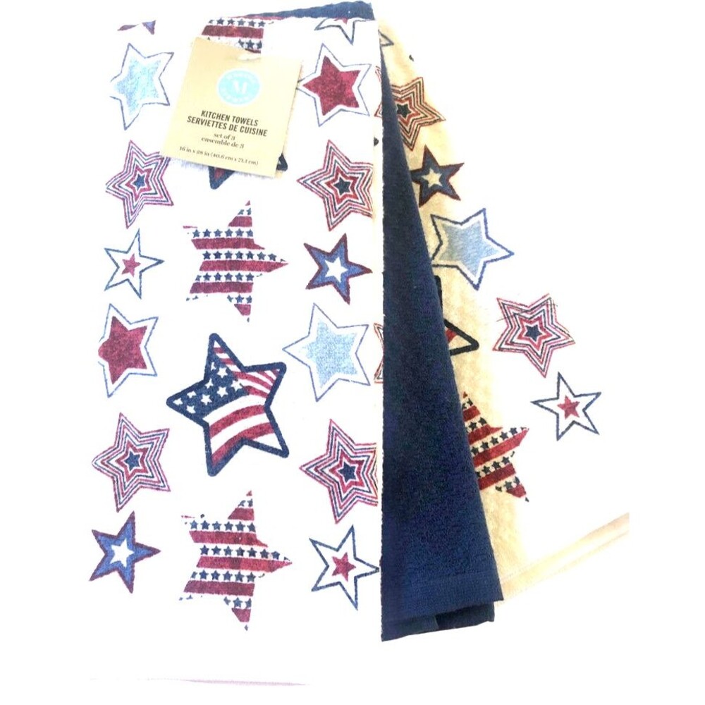 Martha Stewart Kitchen Dish Towels Set Of 3 Red White Blue Stars July 4th 16X28